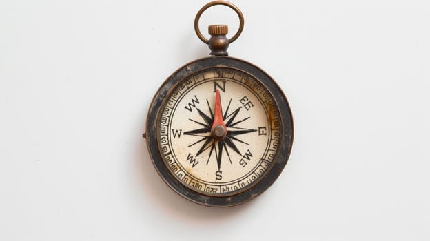 A compass against a pristine white studio background symbolizes the act of making decisions and choosing a direction. This simple yet powerful image captures the essence of decision-making and navigation.