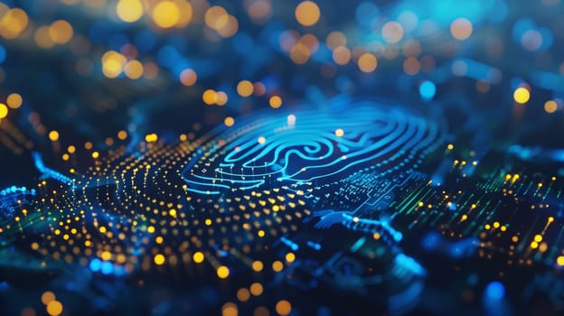 In this captivating image, a blue dot surrounded by yellow lights forms a futuristic representation of a fingerprint, symbolizing the intersection of augmented reality and technology. This artistic depiction offers a glimpse into the digital realm of identity and security.