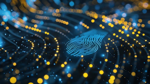 In this captivating image, a blue dot surrounded by yellow lights forms a futuristic representation of a fingerprint, symbolizing the intersection of augmented reality and technology. This artistic depiction offers a glimpse into the digital realm of identity and security.