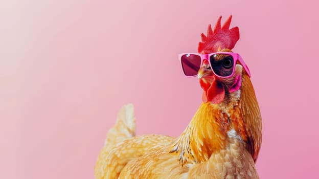 Experience the whimsical world of poultry fashion with this creative animal concept featuring a chicken hen sporting stylish sunglasses. Against a solid pastel background, this image blends humor with surrealism, offering a unique and eye-catching visual for commercial and editorial advertisements. Let this sassy hen add a touch of fun to your marketing campaigns!