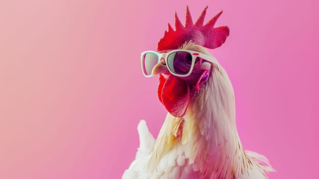Experience the whimsical world of poultry fashion with this creative animal concept featuring a chicken hen sporting stylish sunglasses. Against a solid pastel background, this image blends humor with surrealism, offering a unique and eye-catching visual for commercial and editorial advertisements. Let this sassy hen add a touch of fun to your marketing campaigns!