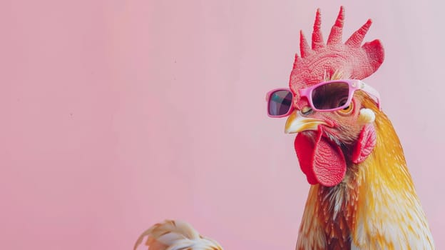 Experience the whimsical world of poultry fashion with this creative animal concept featuring a chicken hen sporting stylish sunglasses. Against a solid pastel background, this image blends humor with surrealism, offering a unique and eye-catching visual for commercial and editorial advertisements. Let this sassy hen add a touch of fun to your marketing campaigns!
