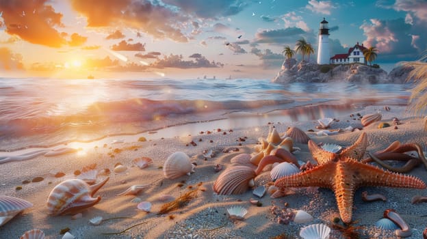 Immerse yourself in the serene beauty of a sandy beach at dusk, where the sun gently sets on the horizon, casting warm hues across the tranquil waters. In the distance, a majestic lighthouse stands tall against the fading light, guiding ships safely to shore. Along the shoreline, delicate seashells glisten in the golden hour glow, while a small tidepool teems with life, hosting curious crabs and vibrant starfish.