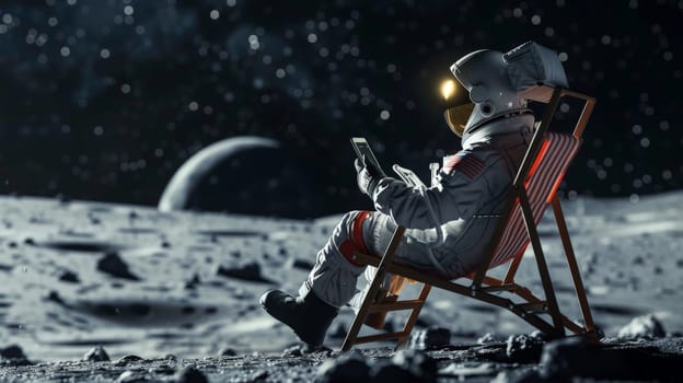 Embark on a cosmic journey with this surreal image of an astronaut unwinding in a beach chair on the lunar surface, casually holding a phone in hand. Against the backdrop of the vast moon landscape, this scene juxtaposes the familiar comfort of leisure with the otherworldly setting of space exploration. Explore the intersection of relaxation and adventure in this imaginative composition.