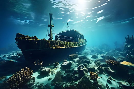 sunken ship wreck resting on the ocean floor