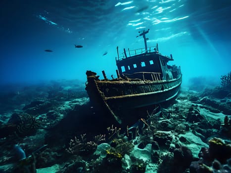 sunken ship wreck resting on the ocean floor