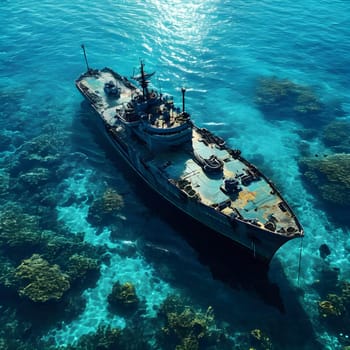 sunken ship wreck resting on the ocean floor
