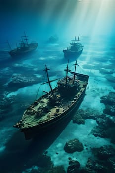 sunken ship wreck resting on the ocean floor