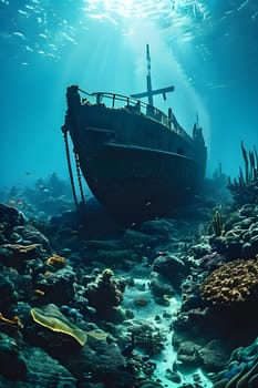 sunken ship wreck resting on the ocean floor