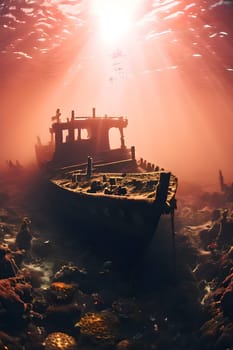 sunken ship wreck resting on the ocean floor