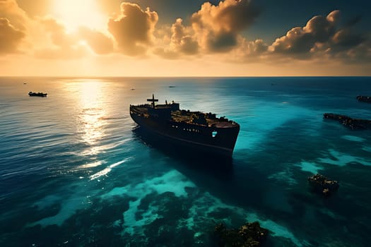 sunken ship wreck resting on the ocean floor