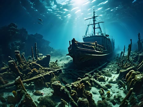 sunken ship wreck resting on the ocean floor