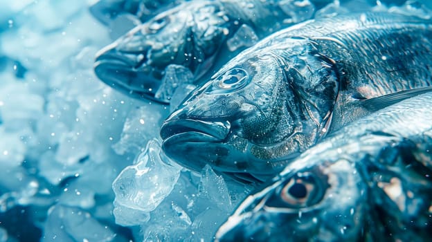 Frozen fish in ice on the counter in the store. AI generated