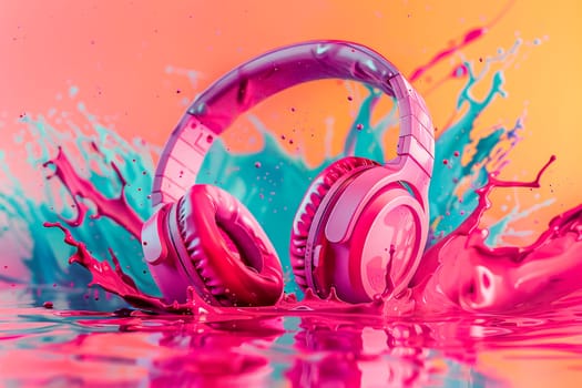 Headphones with colorful splashes of oil paint. Wireless headphone in a color paints. AI generated