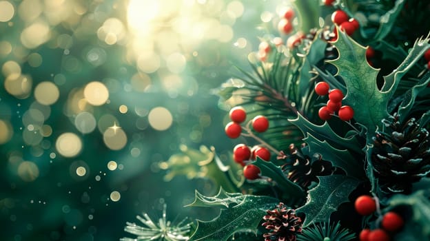 Christmas background. Holly leaves decoration with red berries. AI generated