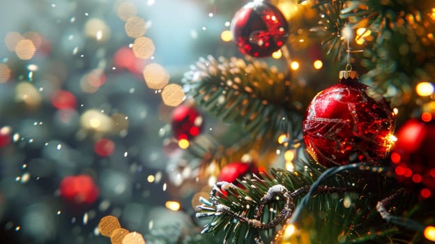Christmas background. Christmas ornaments on the Christmas tree. AI generated
