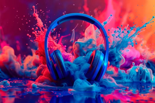 Headphones with splashes of colorful oil paint. Wireless headphone in a color paints. AI generated
