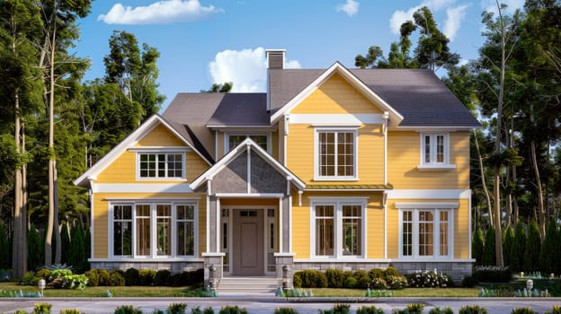 Modern yellow two story house in the suburbs at forest lush. AI generated