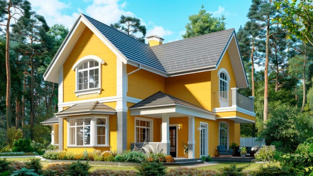 Modern yellow two story house in the suburbs at pine wood forest. AI generated