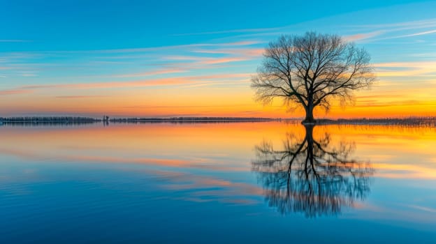 Picturesque view of leafless lonely tree growing and reflecting in tranquil lake at sunset time. AI generated