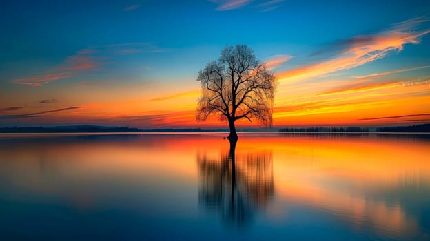 Picturesque view of leafless lonely tree growing and reflecting in calm lake at sundown time. AI generated