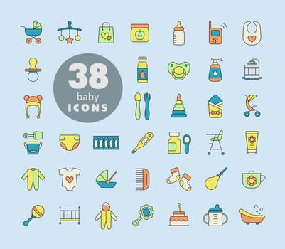 Baby, feeding and care isolated icons set. Graph symbol for children and newborn babies web site and apps design, logo, app, UI