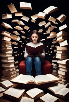 AI generated of a girl is reading a book in a circle of books