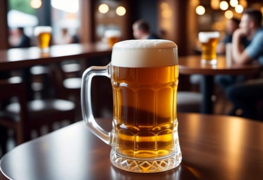 Beer Glass Mug With Handle With Light Yellow Beer With Foam. Beer on the table in a cafe, bokeh effect, tilt-shift photo. A picture for advertising alcoholic beverages. AI Generated. Beer pub.