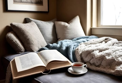 AI generated of a cozy bed with a book and a cup of tea