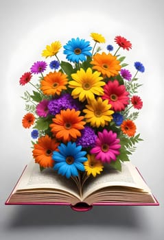 AI generated of an open book with colorful flowers on it