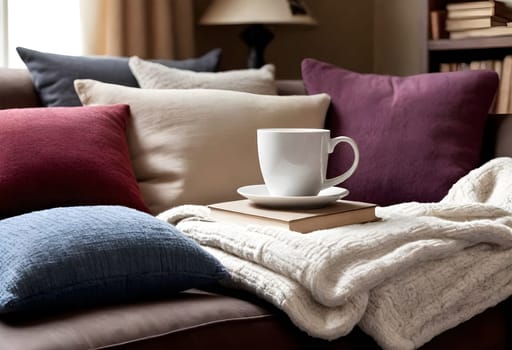 AI generated of a coffee cup and some pillows on a couch