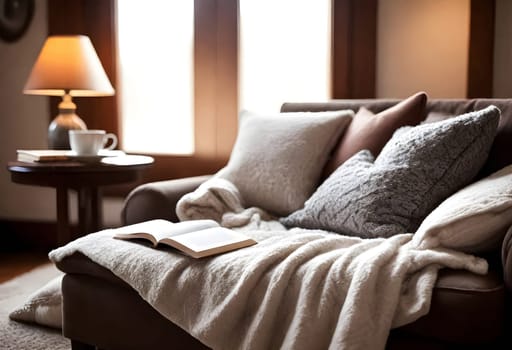 AI generated of a couch with pillows and a book on it