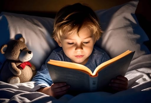 AI generated of a young boy reading a book in bed with a teddy bear
