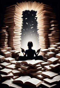 AI generated of a woman sits in front of a stack of books and reading a book