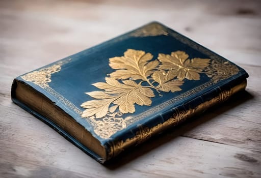 AI generated of a blue book with gold leaves on the cover