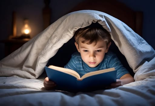 AI generated of a young boy reading a book under a blanket