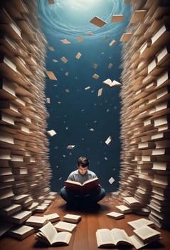 AI generated of a man sitting on a chair reading a book surrounded by books