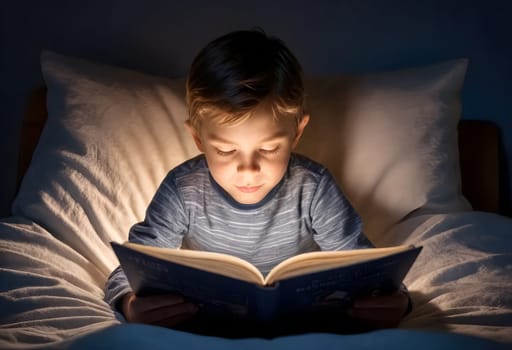 AI generated of a young boy is reading a book in bed