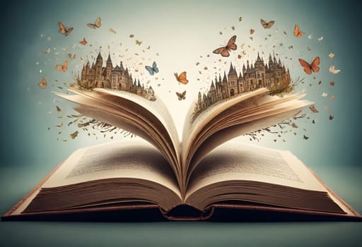 AI generated of an open book with a castle and butterflies flying out of it