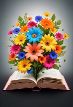 AI generated of an open book with a bunch of flowers on it