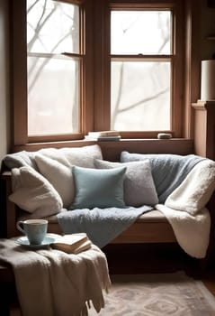 AI generated of a cozy living room with a window seat and a coffee table