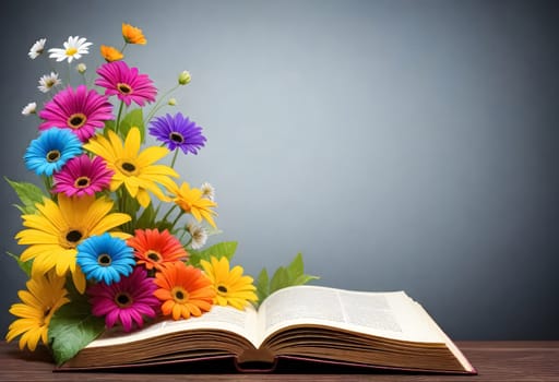 AI generated of an open book with flowers on a wooden table