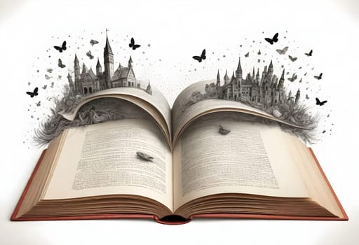 AI generated of an open book with a castle and butterflies flying out of it