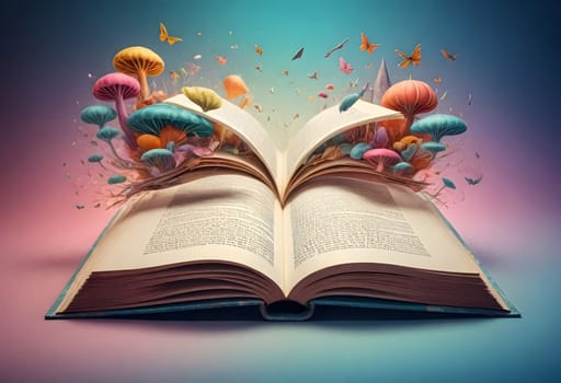 AI generated of an open book with colorful mushrooms flying out of it