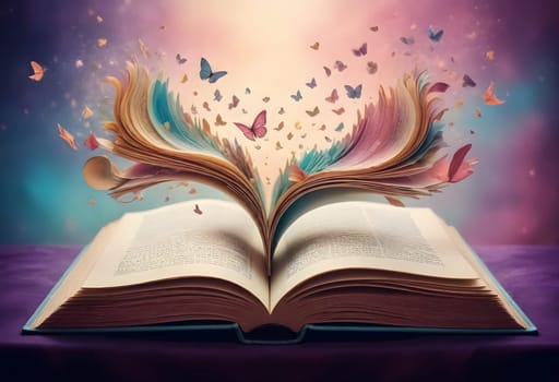 AI generated of an open book with colorful butterflies flying out of it