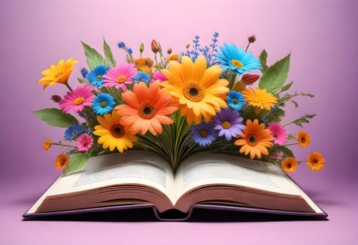 AI generated of an open book with colorful flowers on a purple background