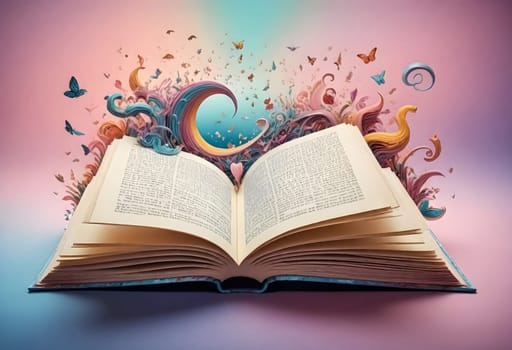 AI generated of an open book with colorful swirls and butterflies