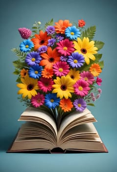 AI generated of an open book with colorful flowers on top