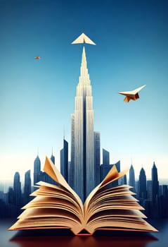 AI generated of open book with paper plane flying over city background