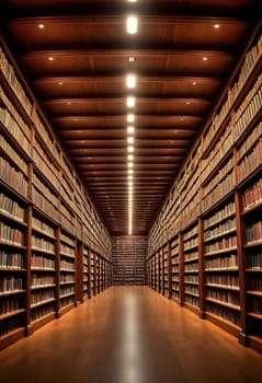 AI generated of a library with a wooden ceiling with full of bookshelves